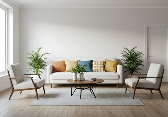 Bright living room with white sofa, armchairs, and plants against a white wall