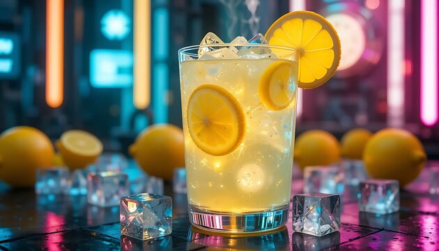 Refreshing lemonade with lemon slices and ice cubes against vibrant neon lighting background
