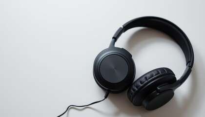 Listening to music at home black headphones on a white surface minimalist design close-up view