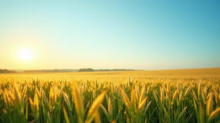 Fototapeta premium Golden Hour Illumination Across a Vast Field of Ripe Grain at Sunrise