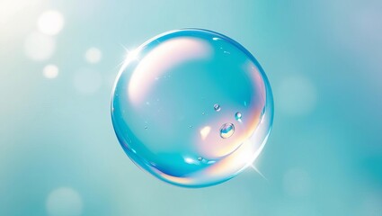 Translucent Bubble Floating with Iridescent Highlights and Smaller Bubbles on Soft Teal Background