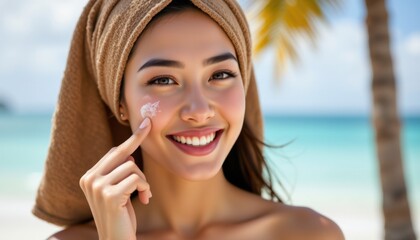 Applying sunscreen beach skincare routine tropical setting close-up view sun protection awareness