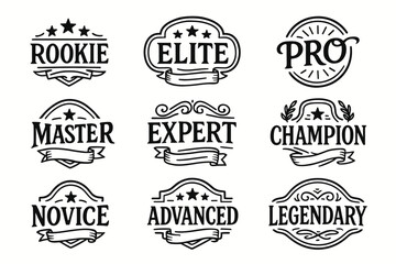 Fototapeta premium Hand drawn skill level badges set. Rookie, novice, pro, expert, master, champion vector labels collection