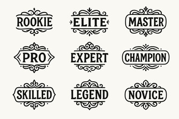Obraz premium Hand drawn skill level badges set. Rookie, novice, pro, expert, master, champion vector labels collection
