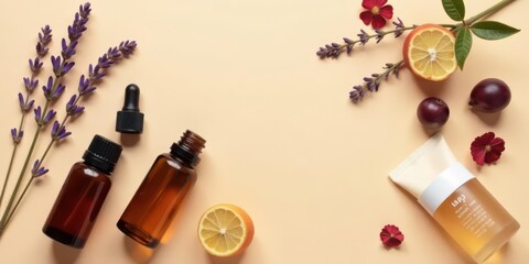 Obraz premium Aromatic Herbal and Citrus Essence Products Arranged with Lavender and Fruit Slices on a Pale Background