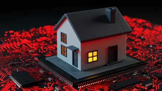 A miniature house sits atop a complex illuminated red computer circuit board