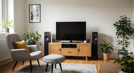 Living room interior with armchair, television and plants in a bright space