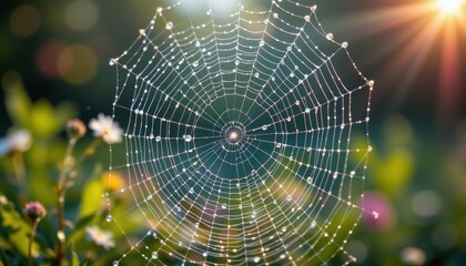 Fototapeta premium Morning dew drops on spider web natural garden setting macro photography bright sunlight serene atmosphere