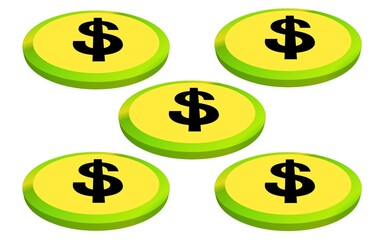 Five coins arranged neatly in a row against a white background