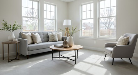 Living room interior with sofa armchair table and large windows in a neutral palette