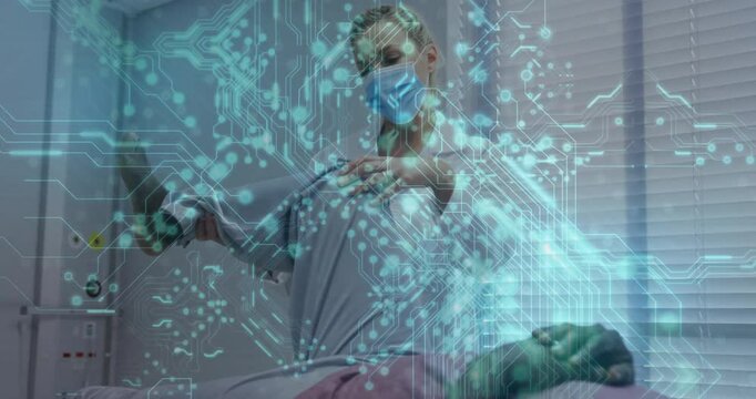 female professional in scrubs performing shoulder exam in clinic, with digital circuit overlay