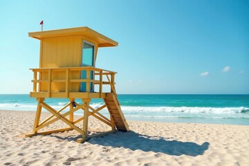 Lifeguard tower on a sunny beach, overlooking ocean waves , metal, outdoor