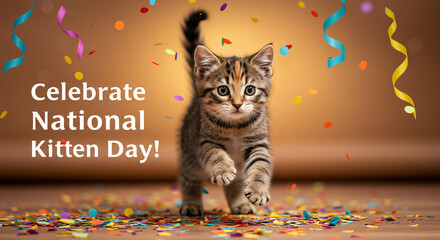 Playful Kitten Celebrating National Kitten Day with Colorful Confetti