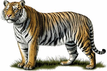 Obraz premium Majestic Tiger Standing on Grassy Landscape in Daylight – Vibrant Orange Fur and Black Stripes