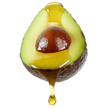A close-up image of an avocado half with oil dripping out, perfect for culinary creations or health-related themes. It has a smooth texture, vibrant color, and alluring details