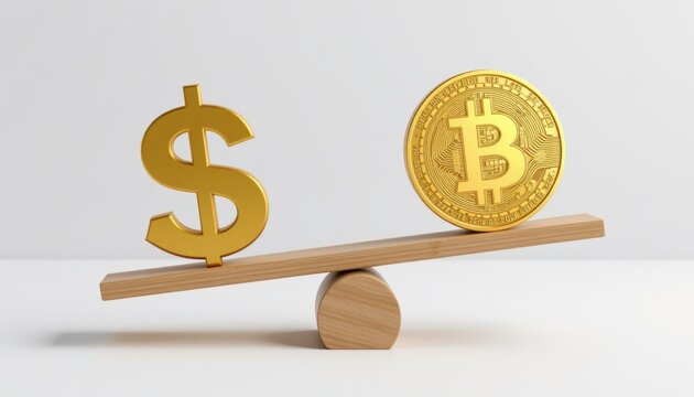 Balancing wealth dollar vs bitcoin value comparison financial market infographic digital economy close-up view investment insight