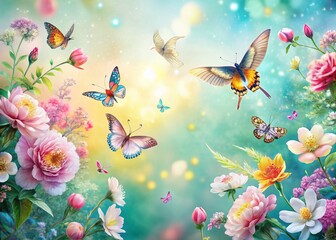 Pastel Spring Boho Panoramic Art: Birds, Butterflies & Floral Patterns