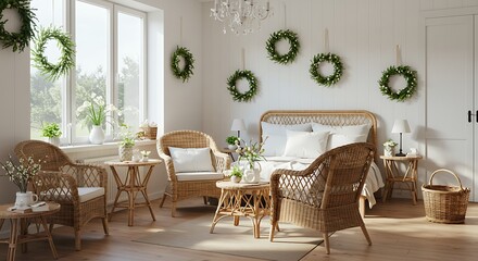 Obraz premium Bedroom interior with rattan furniture, wreaths, and white walls in bright light