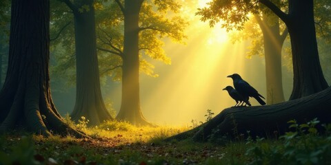 Serene forest scene at dawn, two birds perched on a fallen log, bathed in the golden rays of the rising sun, creating a mystical ambiance
