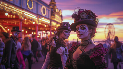 A surreal scene at Brighton seafront during the Fringe Festival, where avant-garde dancers twirl in dreamlike synchronization beneath twilight festival lights
