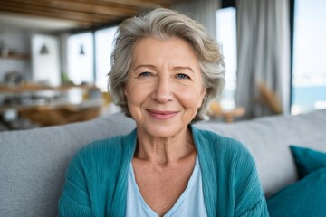 Fototapeta premium Elderly caucasian female smiling in cozy living room setting