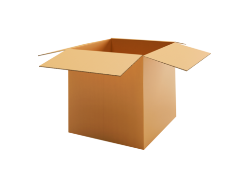Open empty brown cardboard box, transparent background