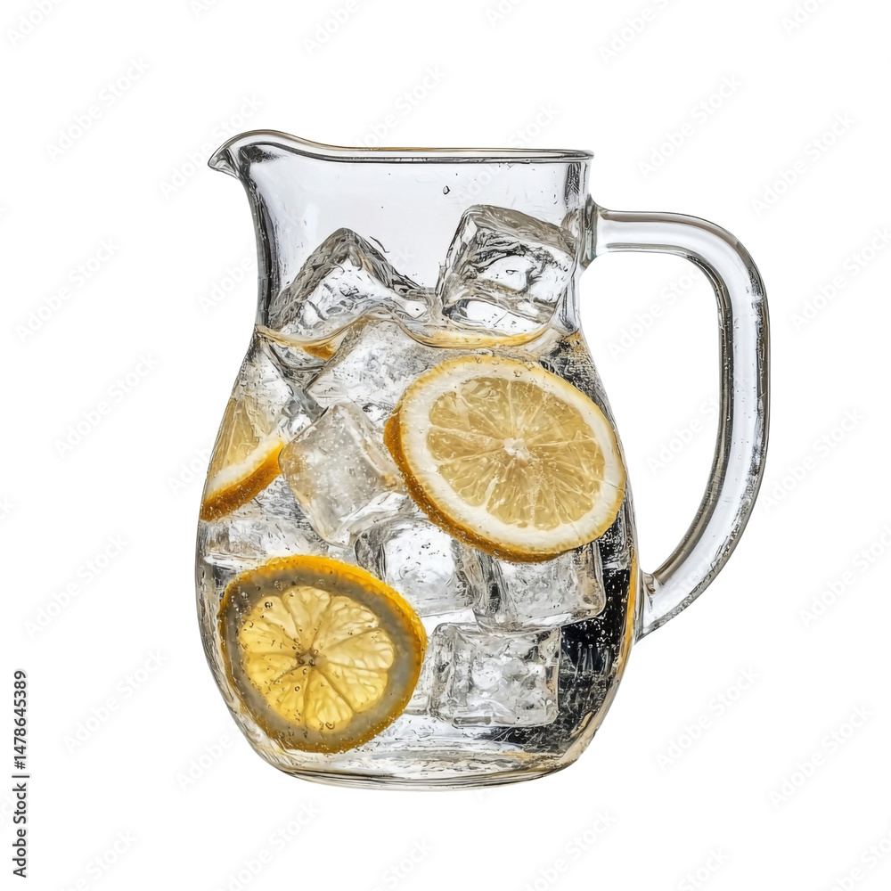 Aufkleber Refreshing pitcher filled with ice and lemon slices, perfect for summer drinks. Enjoy coolness and zest of this delightful beverage