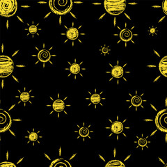 seamless pattern with yellow chalk drawn different suns