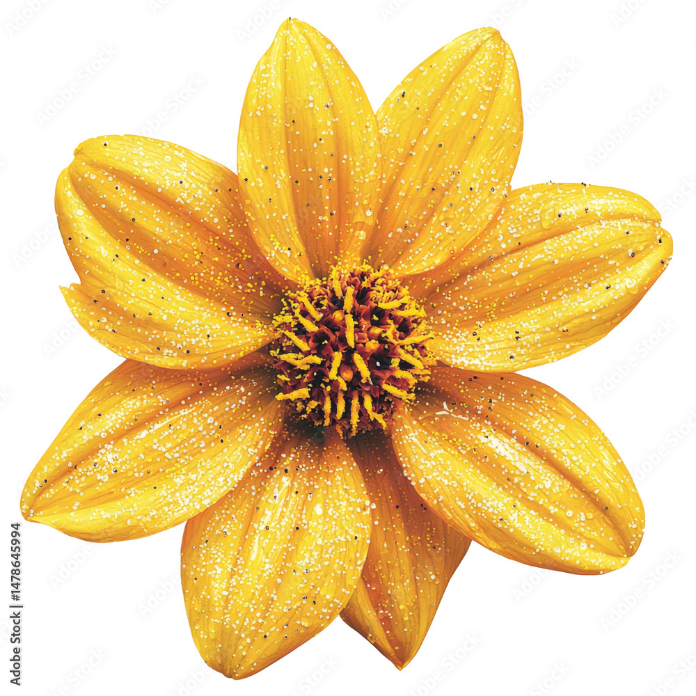 Poster bright yellow flower with sparkling details, showcasing vibrant petals and textured center, perfect 