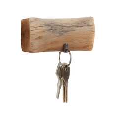 Wooden key holder with keys hanging from it. The keys are silver-colored and the holder is made of wood