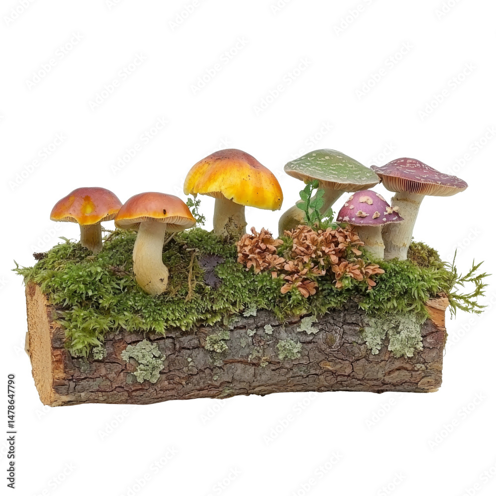 Poster mushrooms growing on log with moss and small plants, showcasing vibrant colors and textures in natur
