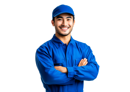 Portrait of a Smiling Manufacturing Worker Wearing a Hat isolated on transparent background