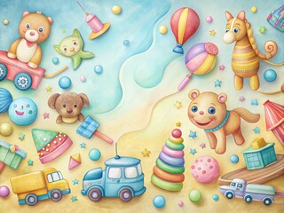 Obraz premium Playful Hand-Drawn Toy Illustrations on Pastel Background - Left-Aligned with Copy Space