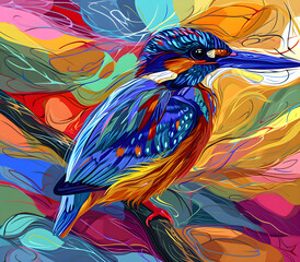 Obraz premium an abstract drawing of a kingfisher with colorful lines, precisionist lines, light red and indigo, colorful turbulence with mixed pattern colorful background