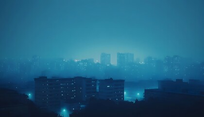 A misty urban cityscape at twilight, bathed in cool blue light.