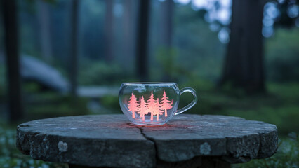 Glass Cup with Tree Design on Stone Table in Forest Setting
