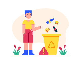 Man is throwing away various fast food products. Healthy life illustration. Flat vector illustration concept.	
