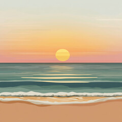 A warm summer sunrise casting golden light over gentle ocean waves and soft sandy shores