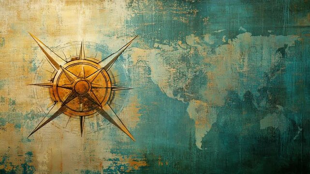 Vintage compass design over a textured world map background, evoking exploration and adventure