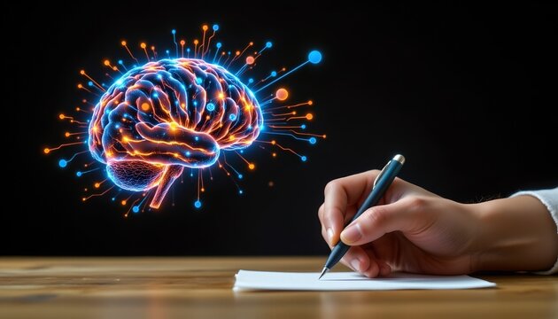 Hand writing on paper with glowing brain  of ideas and creativity