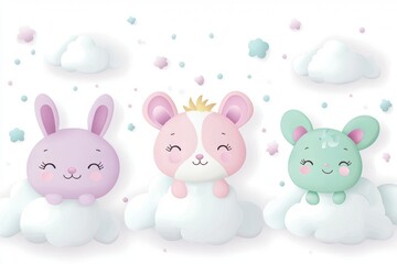 Naklejka premium Pastel Cartoon Animals Bunny Hamster and Mouse Sitting on Fluffy Clouds with White Background Childlike Illustration in Soft Lighting Style