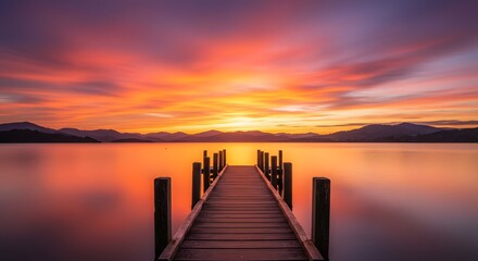 Serene Sunset Pier: A Vibrant Lakeside Panorama
