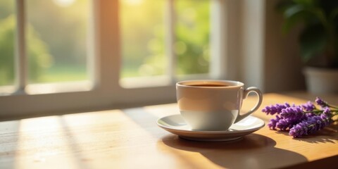 Morning sunlight illuminates a cup of coffee and lavender blossoms on a wooden surface near a window.