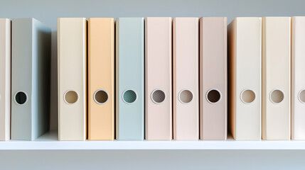 Organized pastel folders shelf office supplies morning light aesthetic arrangement