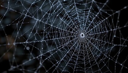 Obraz premium Intricate Spiderweb glistening with morning dew a detailed close up shot