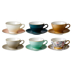 Fototapeta premium A selection of six beautifully crafted teacups and saucers, each with a unique design and color scheme. The cups are arranged in a visually pleasing composition