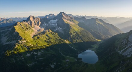 Majestic Alpine Lake and Mountain Panorama: Serene Sunrise Scenery
