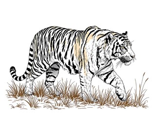 Obraz premium Tiger Walking Through Grass Illustration