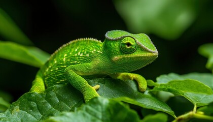 Fototapeta premium Green chameleon on leaves