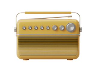 A beautifully rendered close up of a retro yellow radio receiver with antenna and controls for music listening.